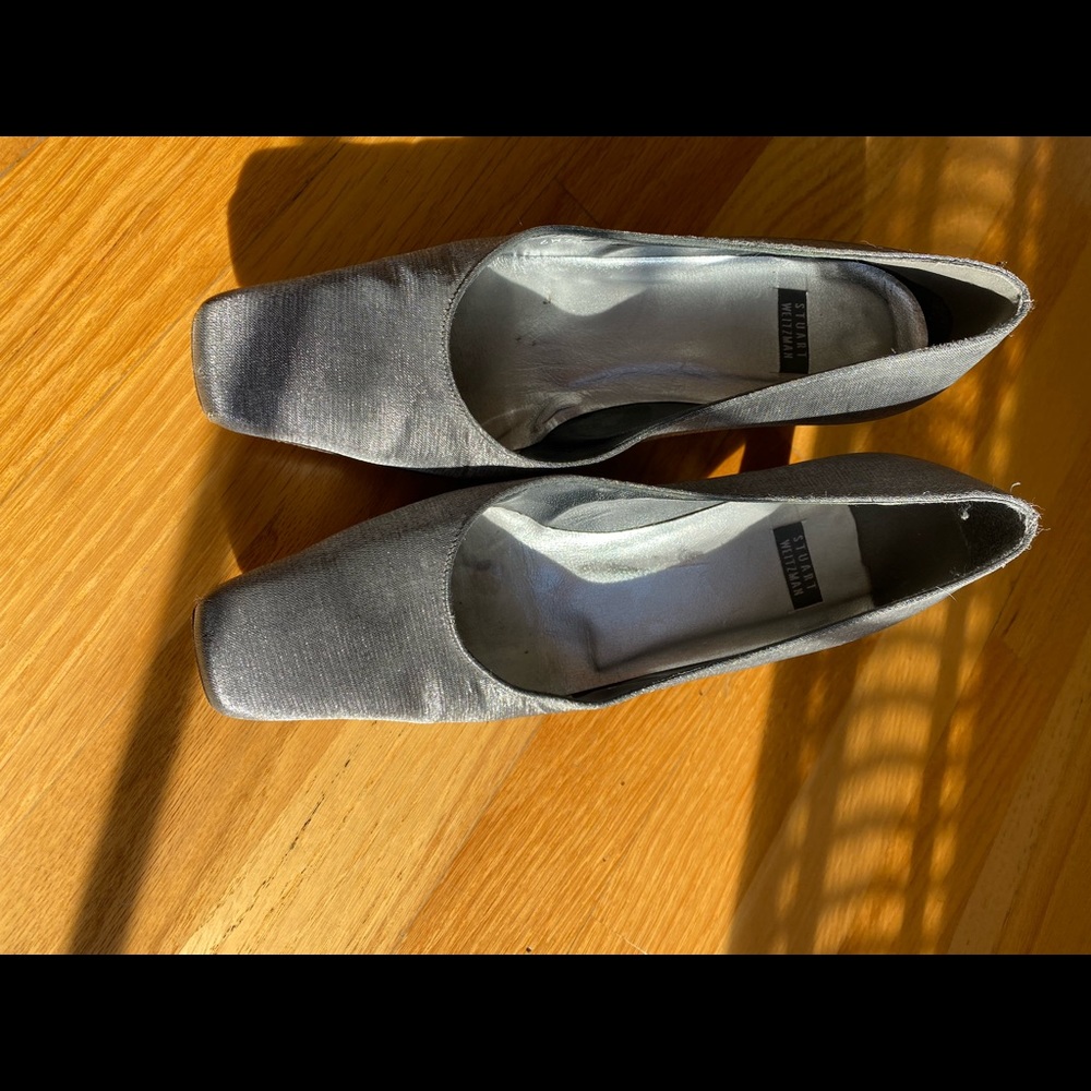Stuart Weitzman size 5& 1/2 B silver heel dress shoes, good condition.